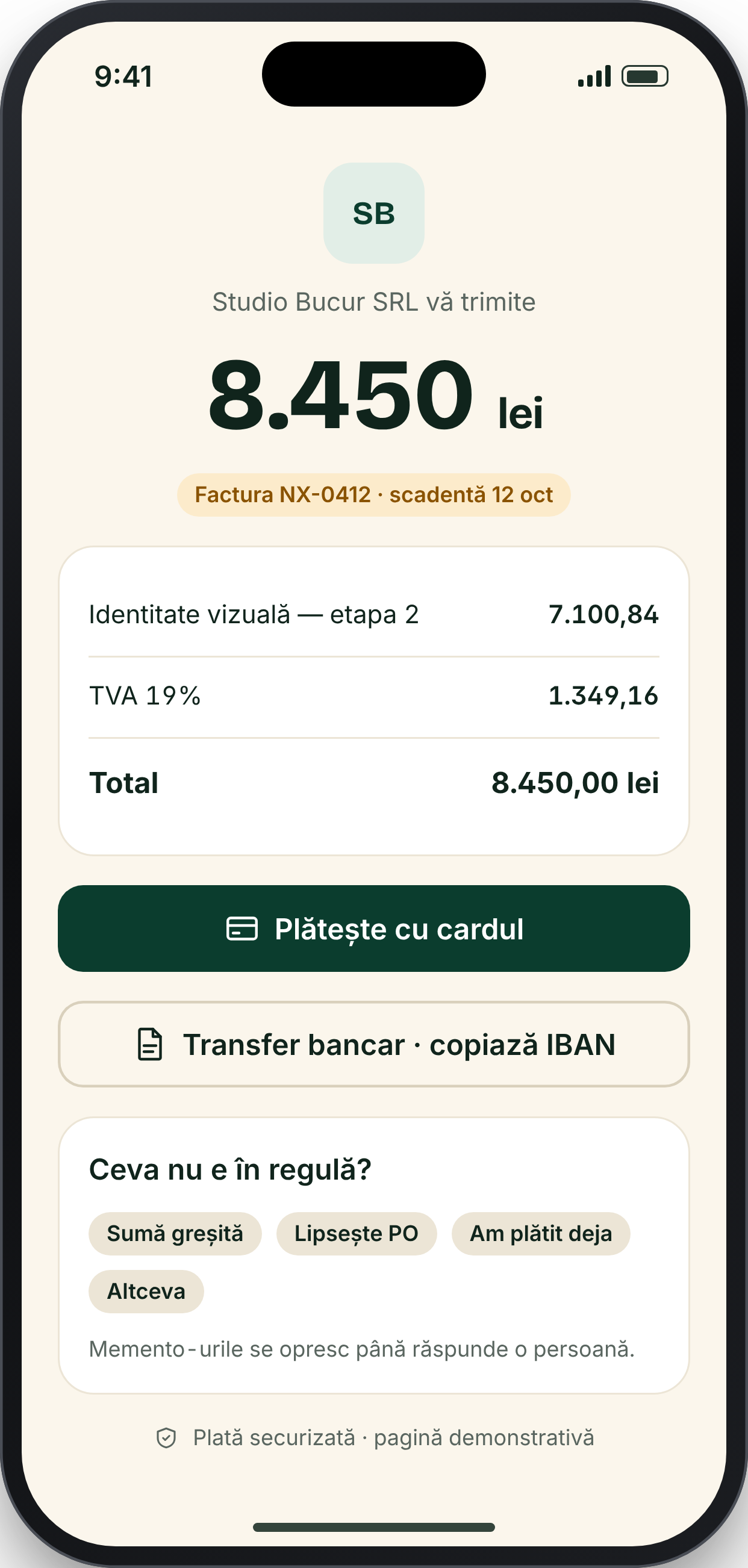 SCADENT, ecran: Pagina de plată