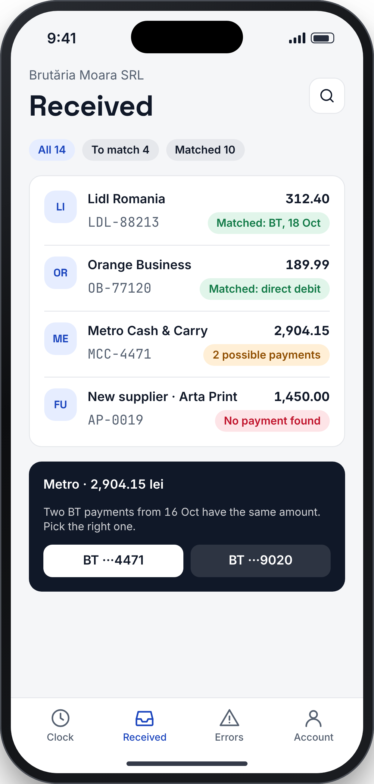 TERMEN 5 screen: Received invoices