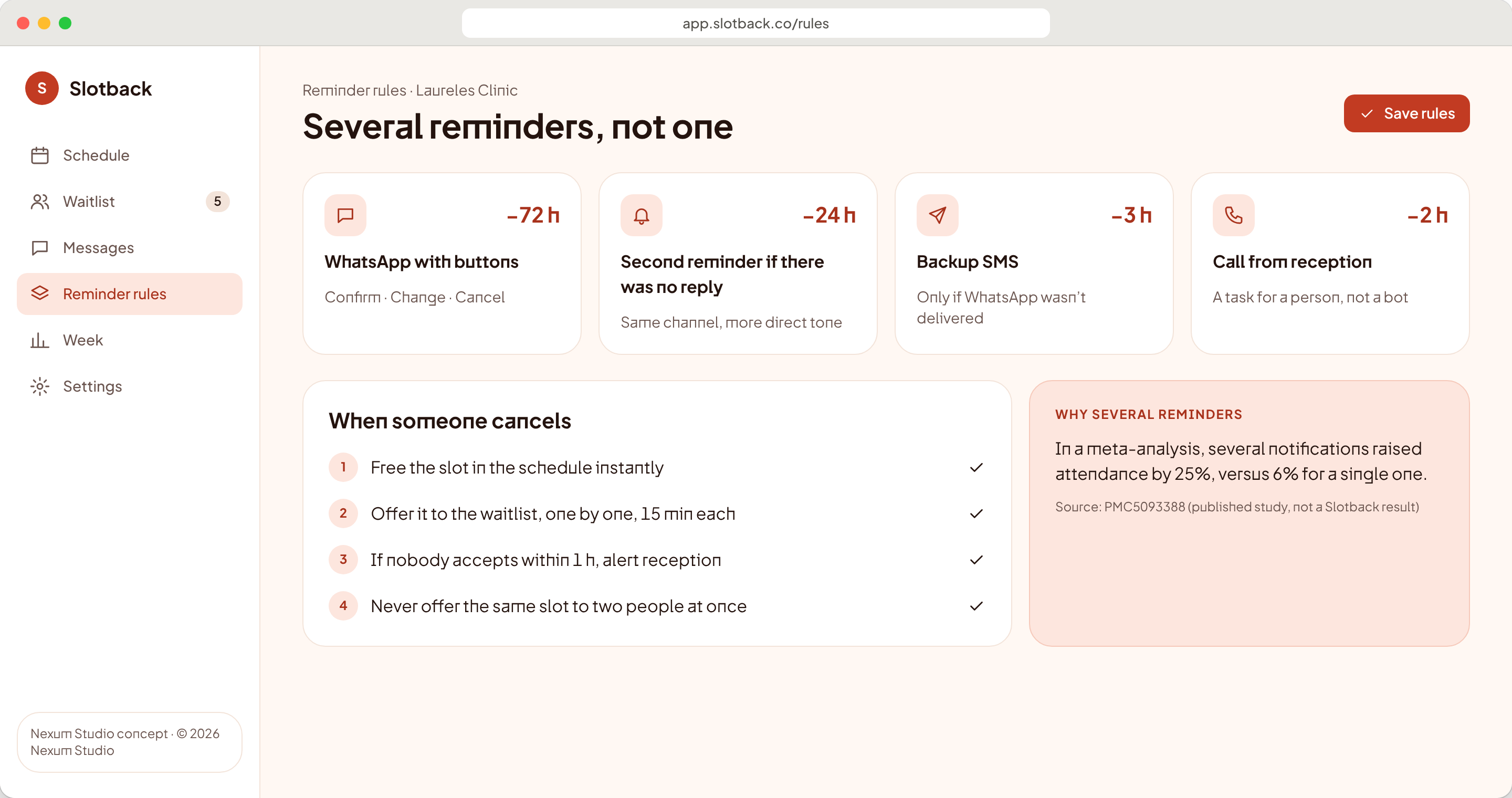 SLOTBACK screen: Reminder rules