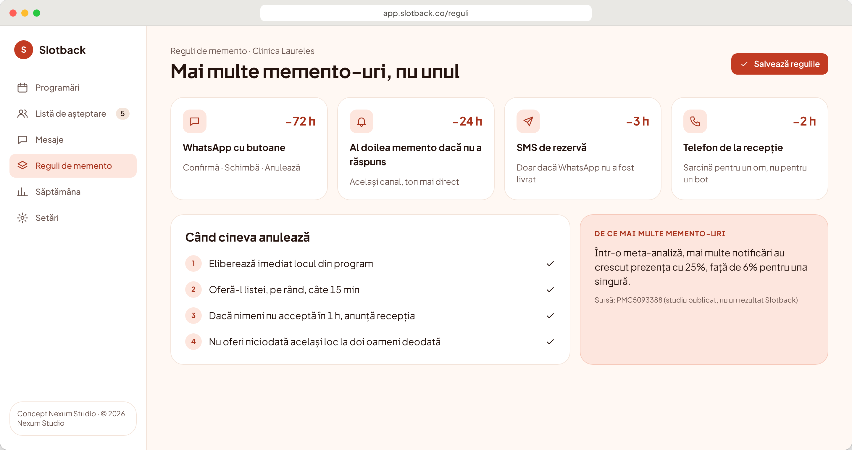 SLOTBACK, ecran: Reguli de memento