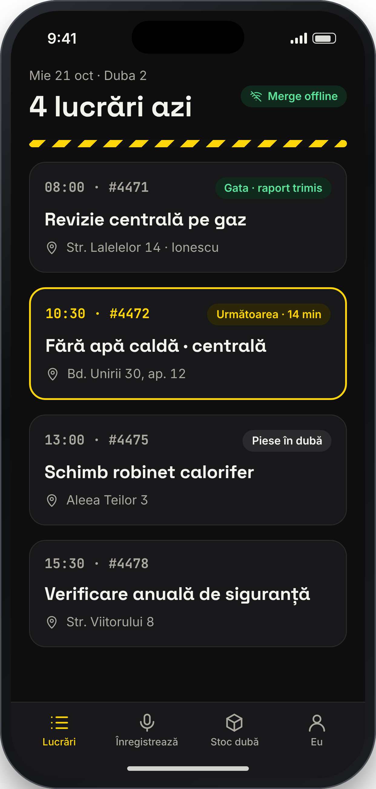 WRENCHNOTE, ecran: Lista de lucrări, offline