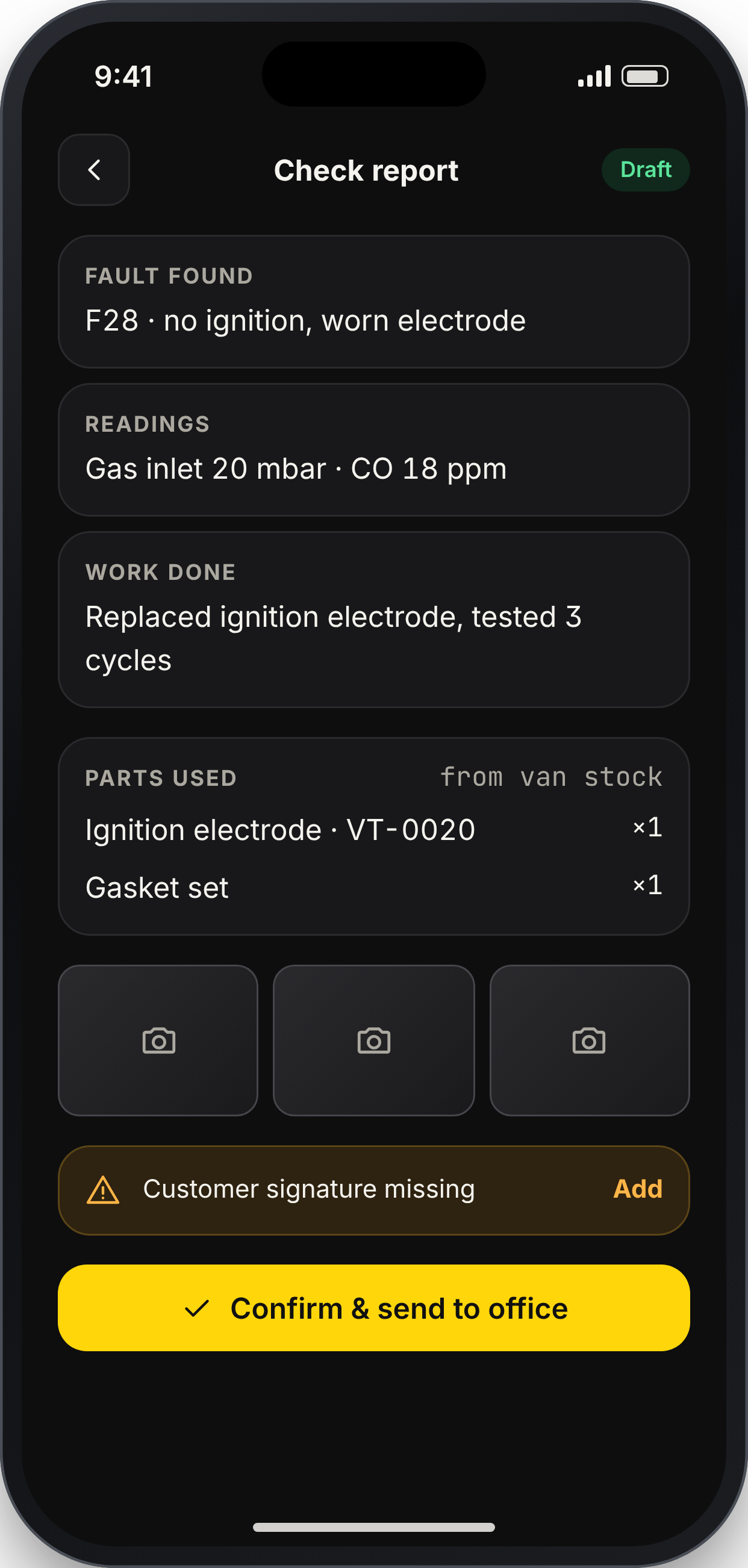 WRENCHNOTE screen: Confirm the report
