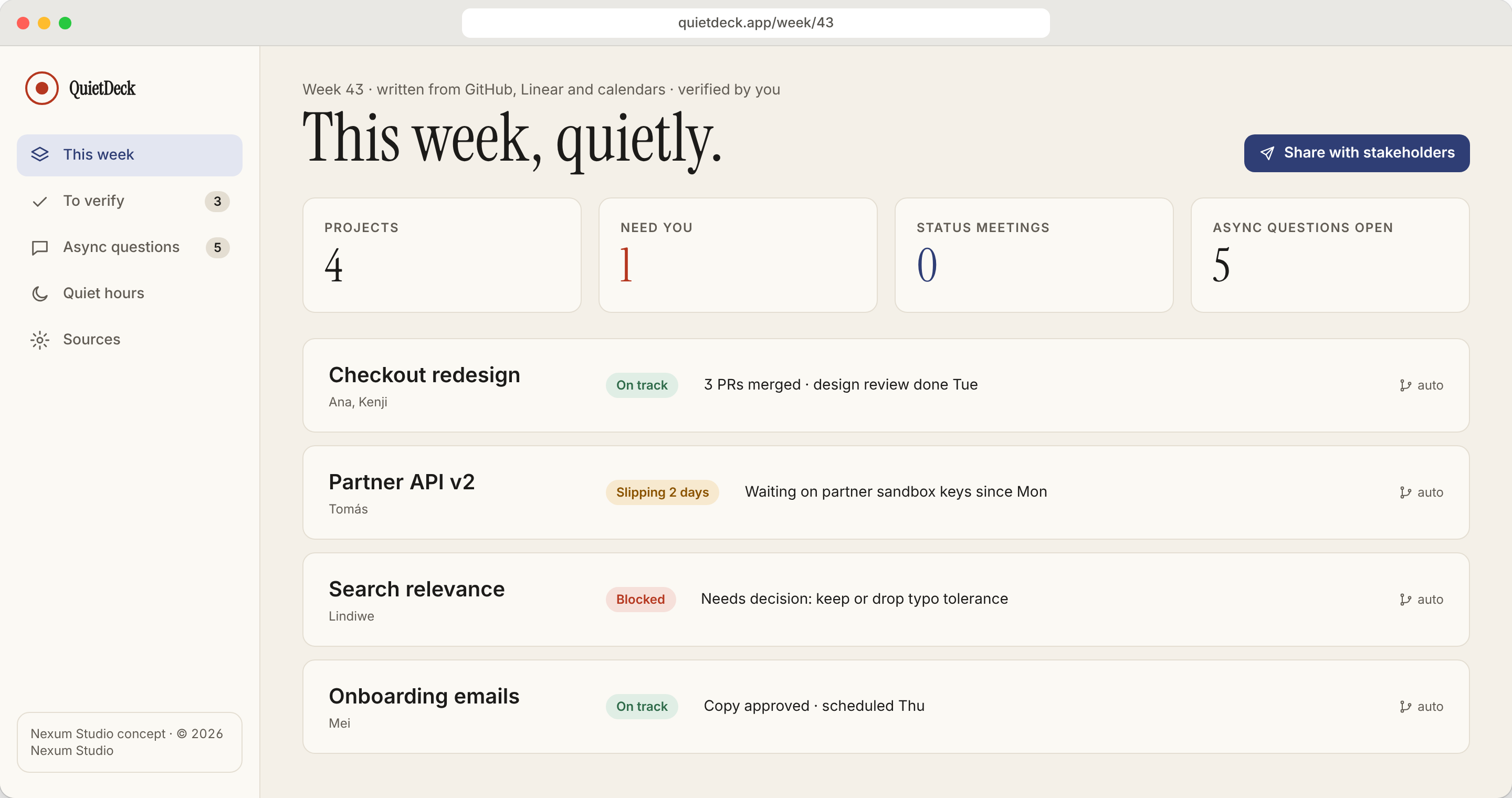 QUIETDECK screen: This week, written for you