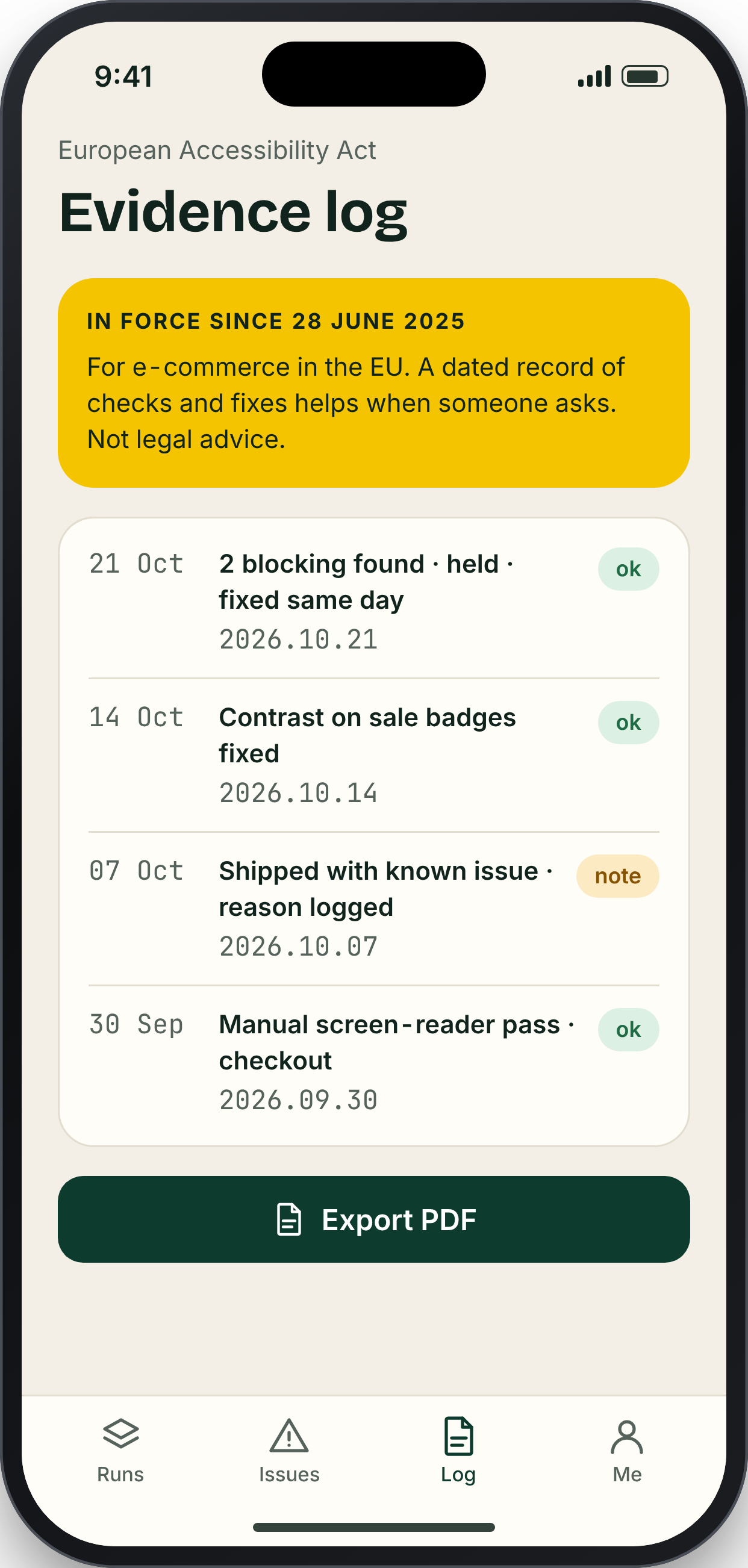 PRAG screen: EAA evidence log